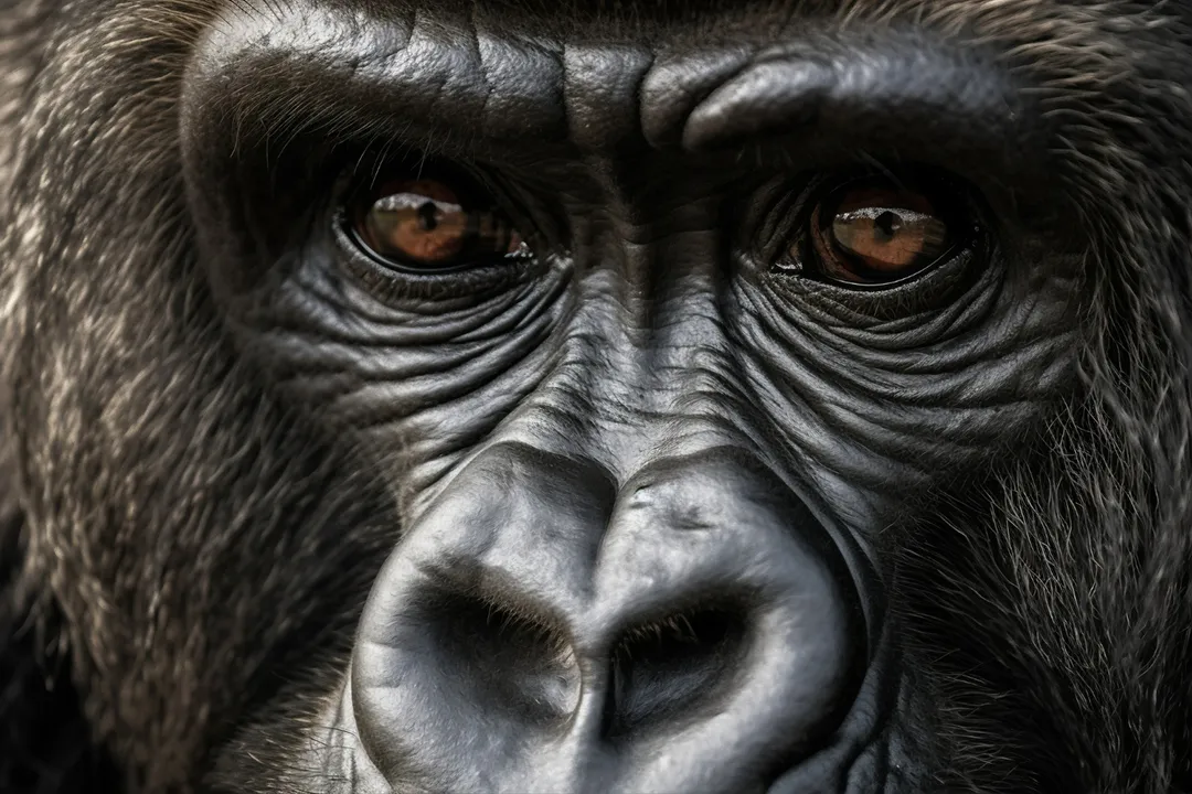 A close-up photo of a gorilla's face and eyes, depicting animal sentience.