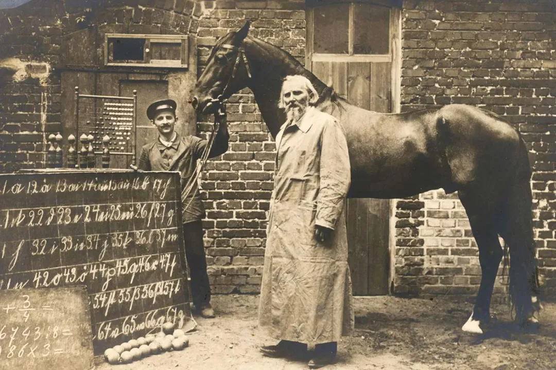 A vintage photo of Clever Hans the genius horse and his trainer.