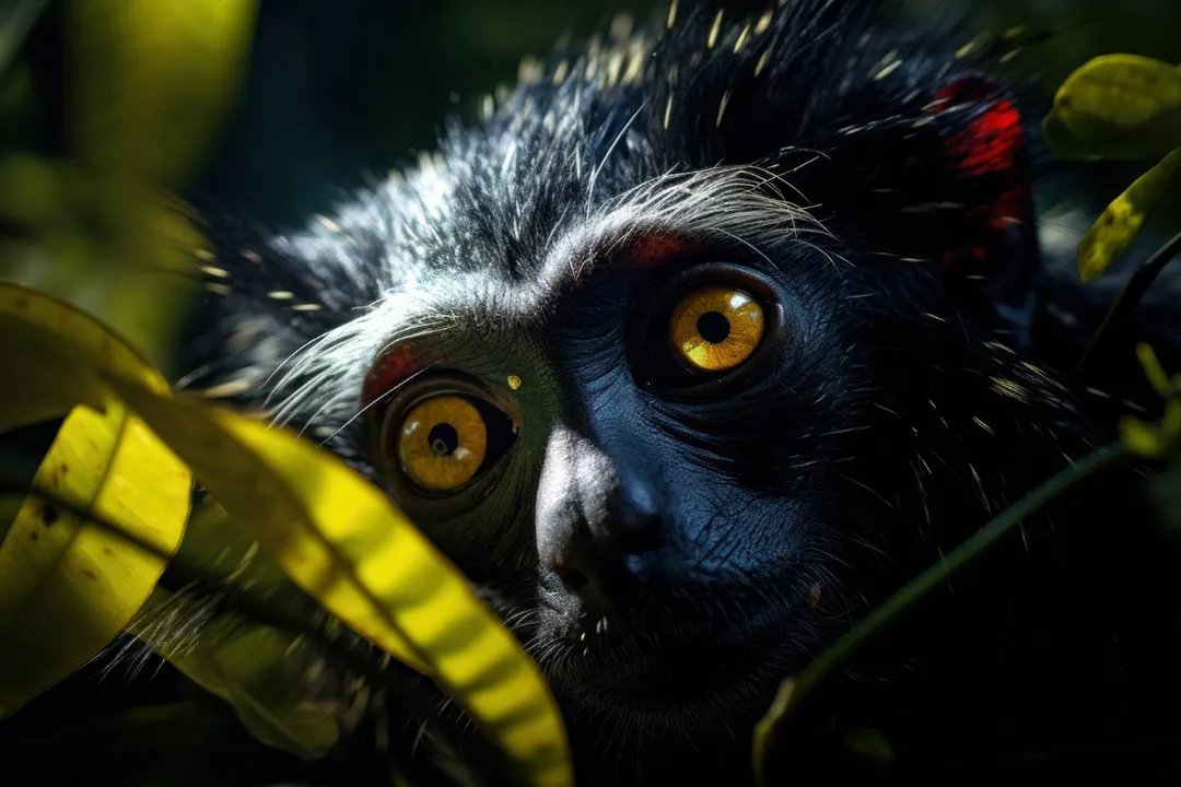 An AI render of a lemur's face hidden behind some green and yellow foliage.