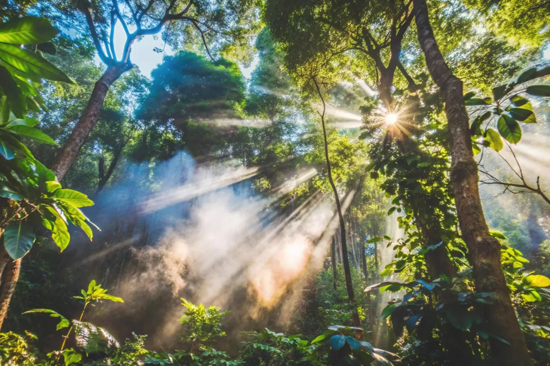 Beams of sunlight shining through the canopy of a dense rainforest in Bolivia.